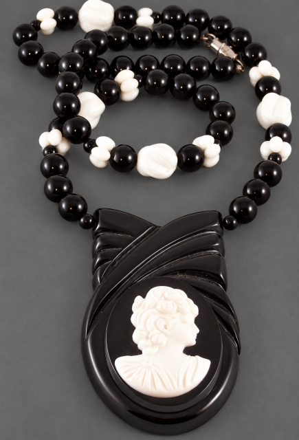 black bakelite cameo necklace
